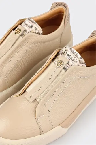 Beige Leather Women's Sneakers-Beige - 5