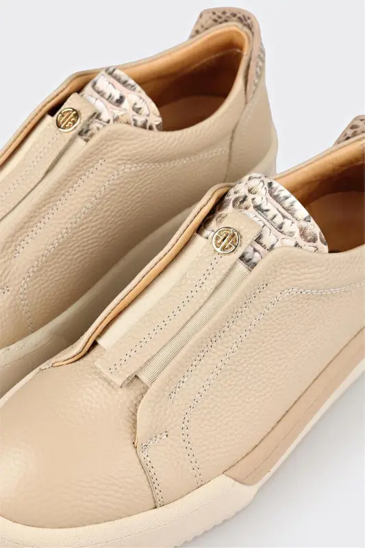 Beige Leather Women's Sneakers-Beige - 5