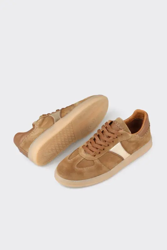 Beige Leather Women's Sneakers-Beige - 3