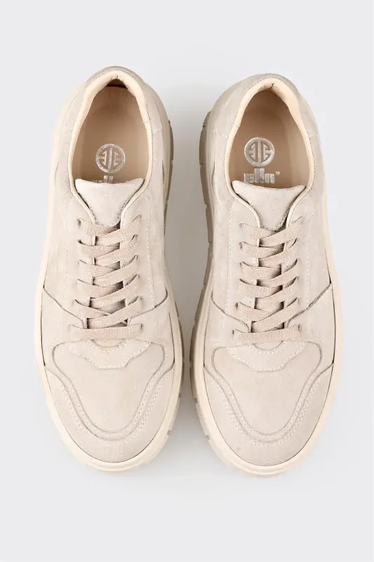 Beige Leather Women's Sneakers - Beige - 4