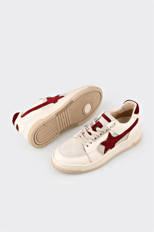 Beige Leather Women's Sneakers - Beige - 3