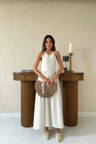 Beige Linen Dress with Guipure Back - BÜYÜKBEDENIZ (1)