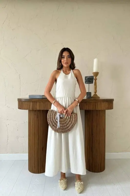 Beige Linen Dress with Guipure Back - 2