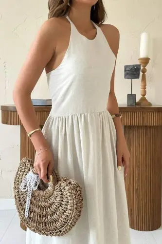 Beige Linen Dress with Guipure Back - 4