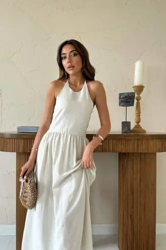 Beige Linen Dress with Guipure Back - 3