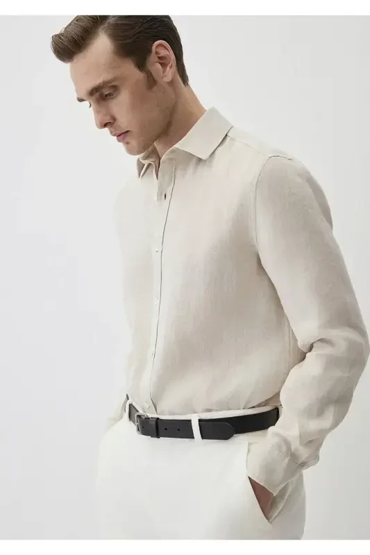 Beige Linen Shirt Regular Fit / Normal Cut 021149 - 2
