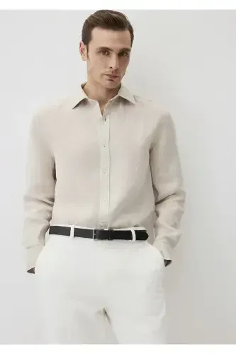 Beige Linen Shirt Regular Fit / Normal Cut 021149 - 3