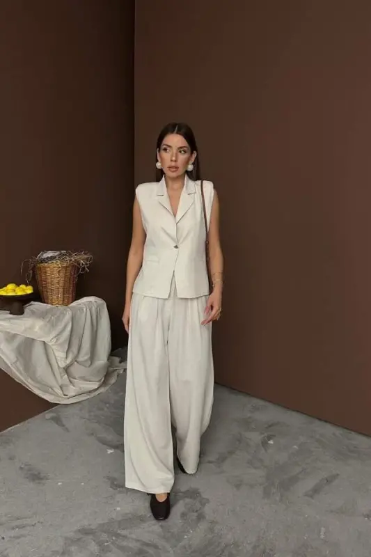 Beige Linen Vest Pants Set - BÜYÜKBEDENIZ