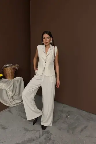 Beige Linen Vest Pants Set - BÜYÜKBEDENIZ (1)