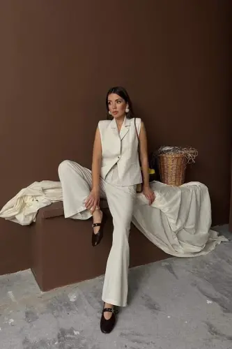 Beige Linen Vest Pants Set - 3