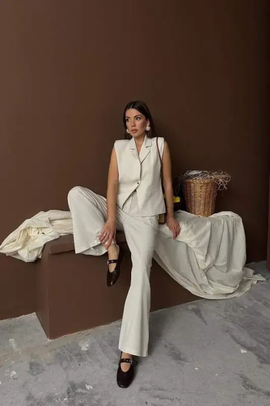 Beige Linen Vest Pants Set - 3