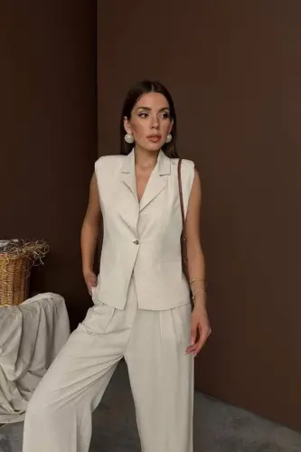 Beige Linen Vest Pants Set - 4