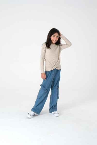 Beige Long-Sleeved Ribbed Knit Sweater for Girls - 12