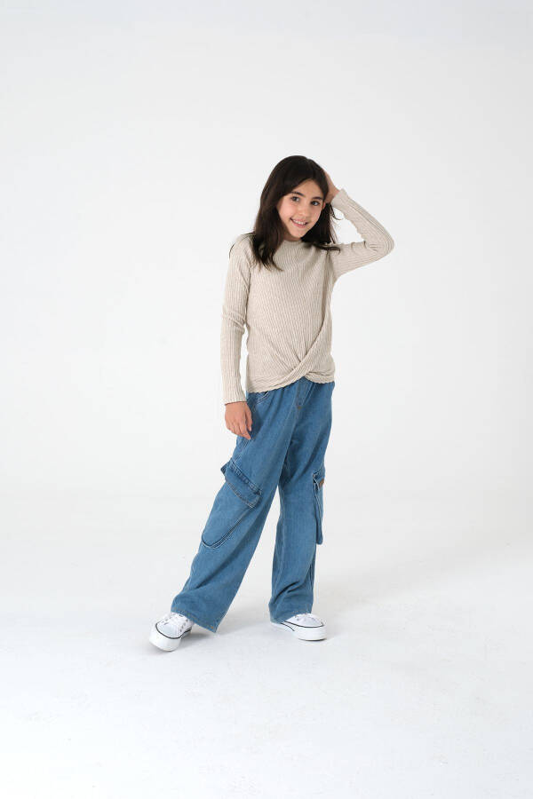Beige Long-Sleeved Ribbed Knit Sweater for Girls - 12