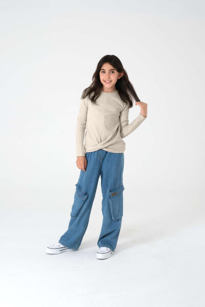 Beige Long-Sleeved Ribbed Knit Sweater for Girls - 6