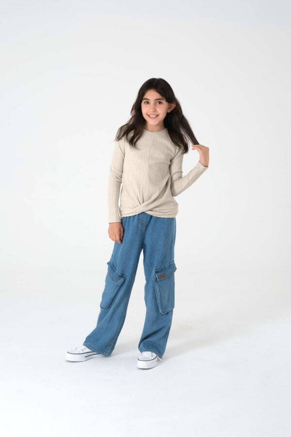 Beige Long-Sleeved Ribbed Knit Sweater for Girls - 1