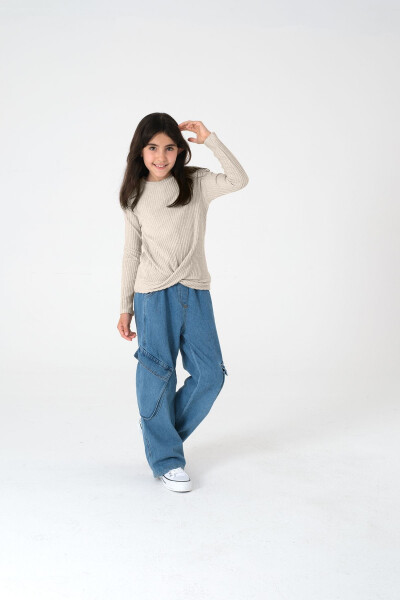 Beige Long-Sleeved Ribbed Knit Sweater for Girls - 3