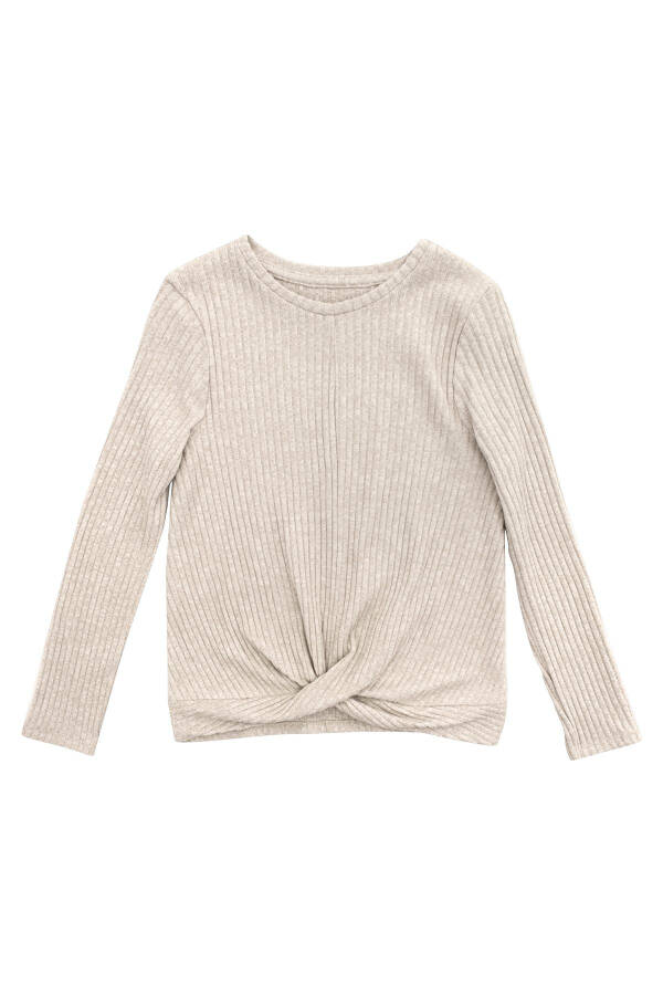 Beige Long-Sleeved Ribbed Knit Sweater for Girls - 5
