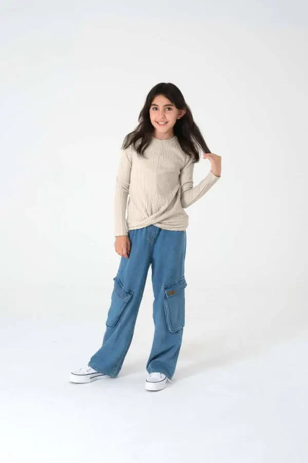 Beige Long-Sleeved Ribbed Knit Sweater for Girls - 11