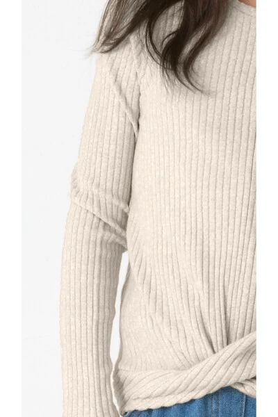 Beige Long-Sleeved Ribbed Knit Sweater for Girls - 14
