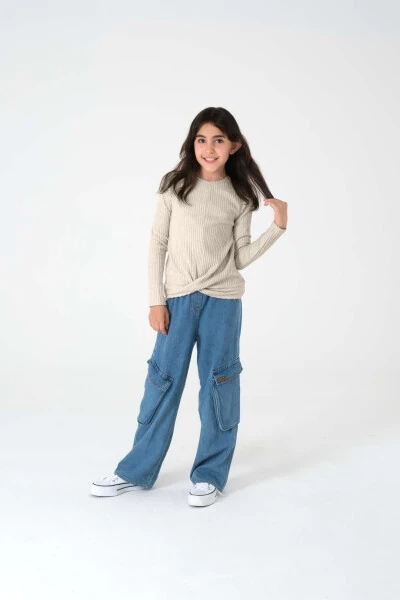 Beige Long-Sleeved Ribbed Knit Sweater for Girls - 6