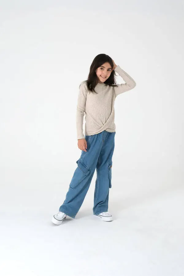 Beige Long-Sleeved Ribbed Knit Sweater for Girls - 7