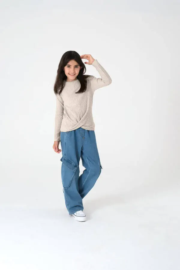 Beige Long-Sleeved Ribbed Knit Sweater for Girls - 8