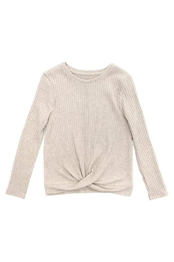 Beige Long-Sleeved Ribbed Knit Sweater for Girls - 10
