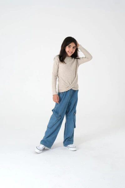 Beige Long-Sleeved Ribbed Knit Sweater for Girls - Modazone (1)