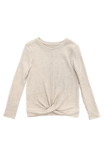 Beige Long-Sleeved Ribbed Knit Sweater for Girls - 5