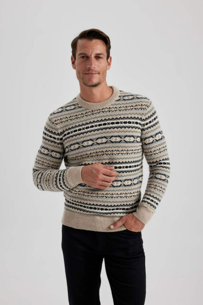 Beige melange bisiklet neck sweater - 3