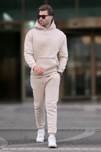 Beige Men's Hooded Cuffed Tracksuit Set 7045 - Beige - 3