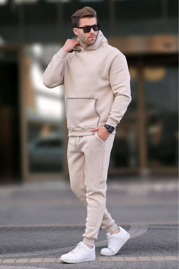 Beige Men's Hooded Tracksuit with Elasticated Bottoms 7045 - 2