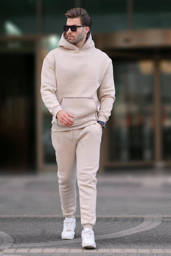 Beige Men's Hooded Tracksuit with Elasticated Bottoms 7045 - 3