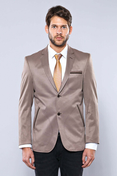 Beige Men's Jacket with Patch Pockets and 2 Buttons - Wessi - 3