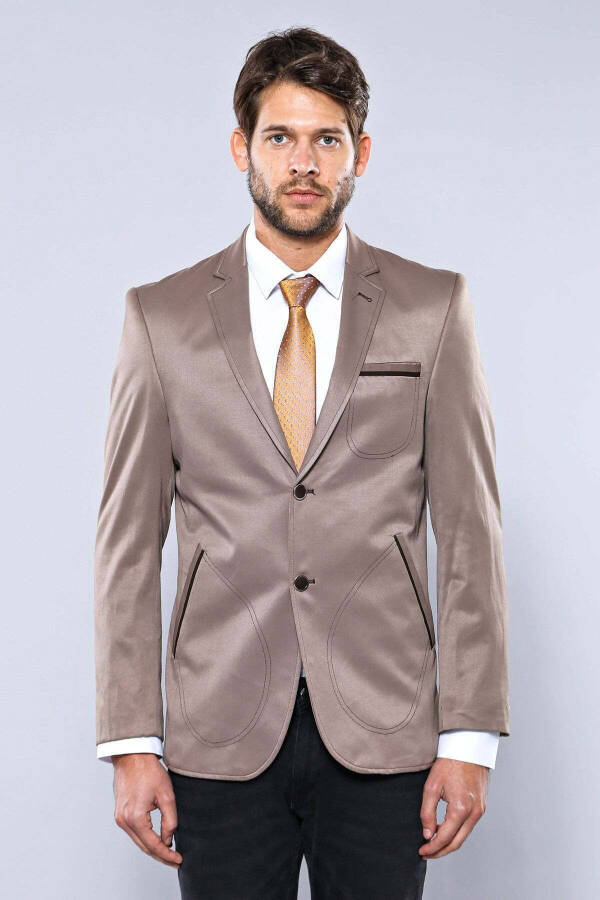 Beige Men's Jacket with Patch Pockets and 2 Buttons - Wessi - 3