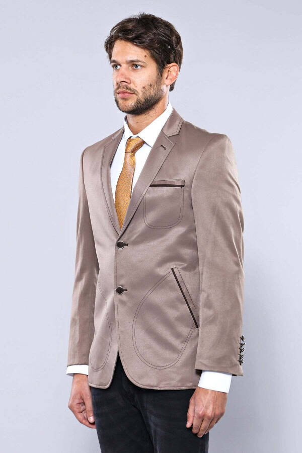 Beige Men's Jacket with Patch Pockets and 2 Buttons - Wessi - 4