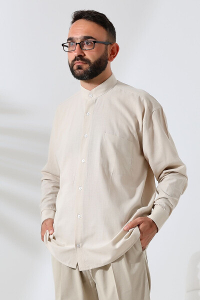 Beige Men's Relaxed Fit One Pocket Standing Collar Hajj and Umrah Linen Shirt - IHVAN ONLINE