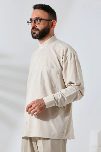 Beige Men's Relaxed Fit One Pocket Standing Collar Hajj and Umrah Linen Shirt - IHVAN ONLINE (1)
