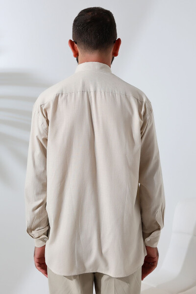 Beige Men's Relaxed Fit One Pocket Standing Collar Hajj and Umrah Linen Shirt - 6