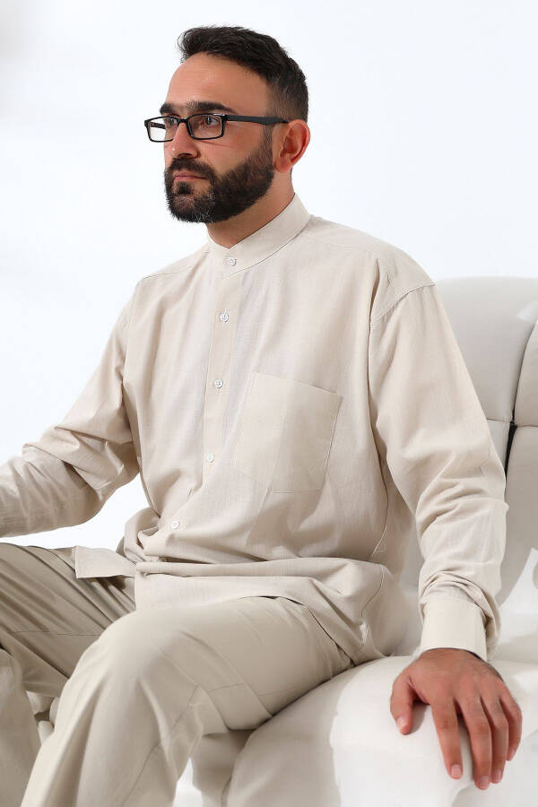 Beige Men's Relaxed Fit One Pocket Standing Collar Hajj and Umrah Linen Shirt - 7