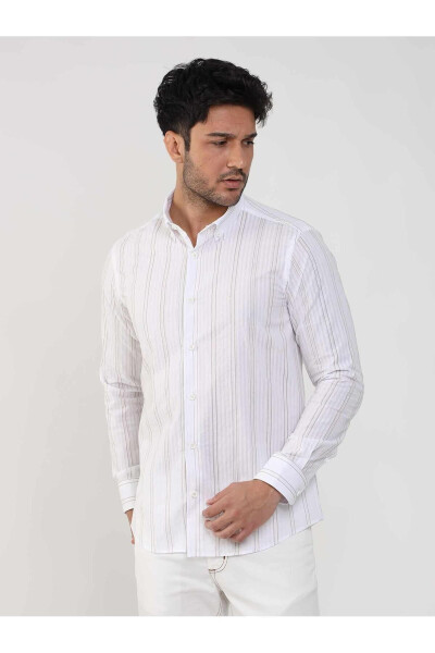 Beige Men's Slim Fit Striped Button-Down Collar Long Sleeve Shirt - 104890 - 2