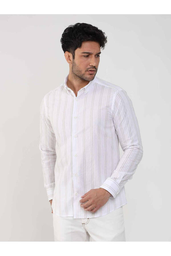 Beige Men's Slim Fit Striped Button-Down Collar Long Sleeve Shirt - 104890 - 2