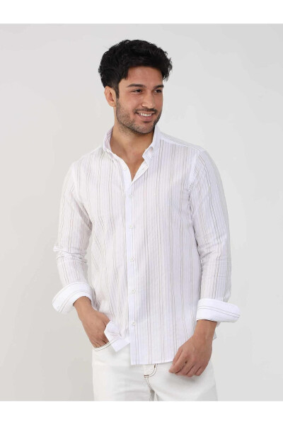 Beige Men's Slim Fit Striped Button-Down Collar Long Sleeve Shirt - 104890 - 3