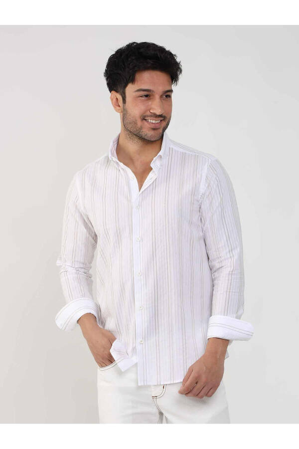 Beige Men's Slim Fit Striped Button-Down Collar Long Sleeve Shirt - 104890 - 3