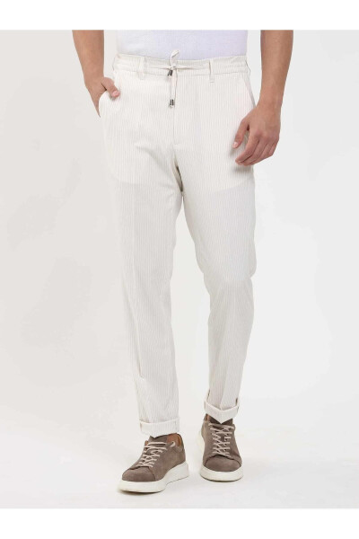 Beige Men's Slim Fit Striped Trousers - 1