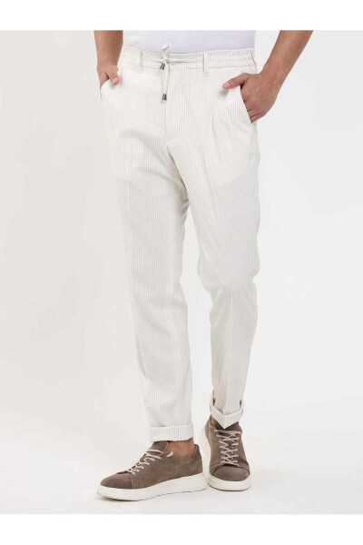 Beige Men's Slim Fit Striped Trousers - 2