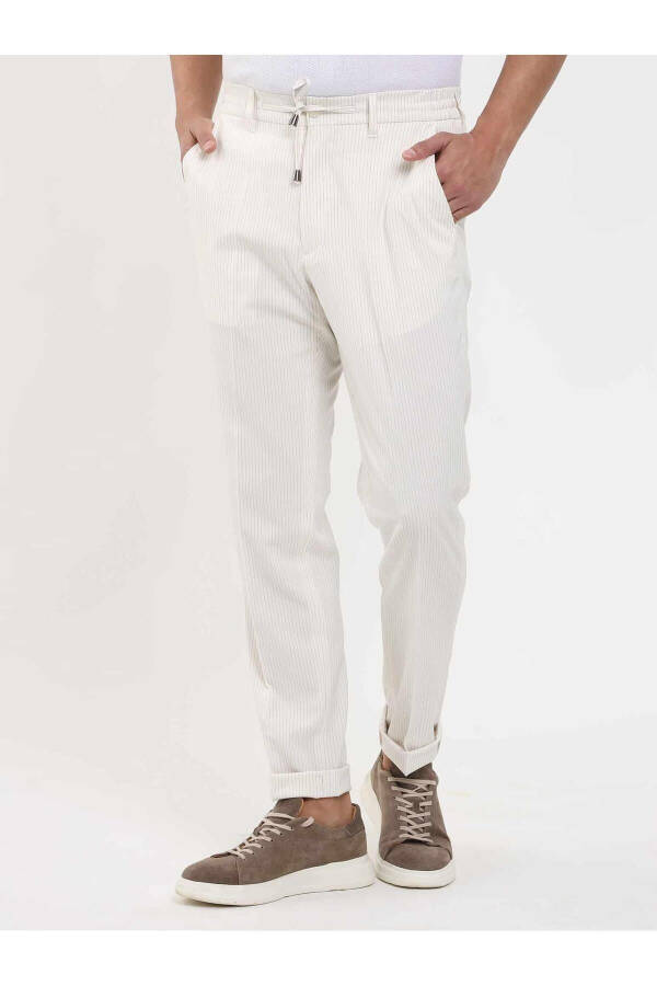 Beige Men's Slim Fit Striped Trousers - 2