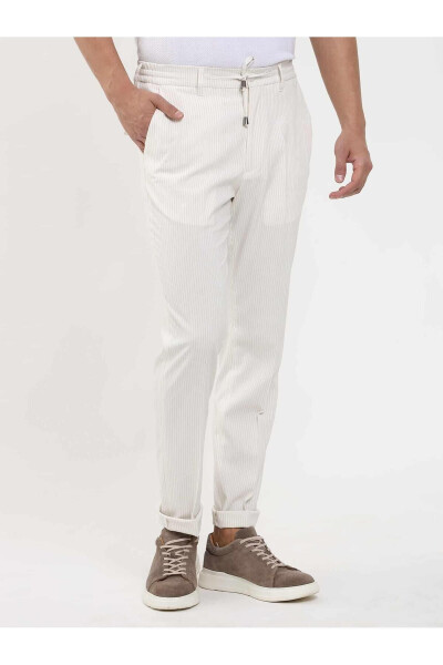 Beige Men's Slim Fit Striped Trousers - 3