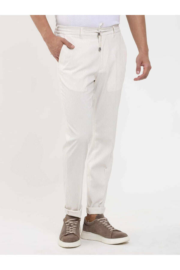 Beige Men's Slim Fit Striped Trousers - 3